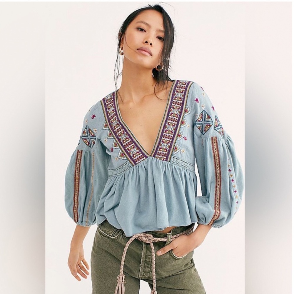 Free People Aria Lagoon Embroidered V-Neck Peplum Blouse Blue Small